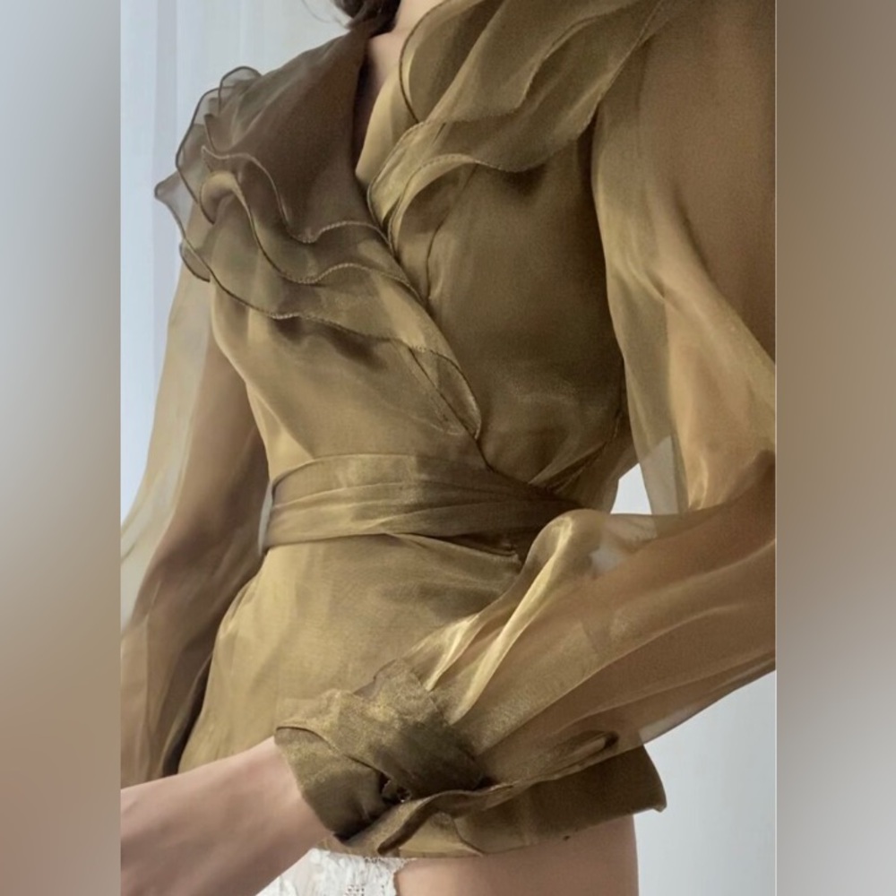 Olive Green Organza Wrap Vintage Blouse